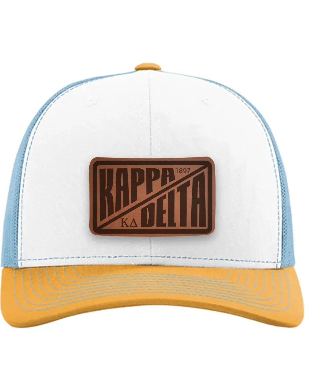 Kappa Delta Richardson 112 Leatherette Patch Trucker Hat - Divide White Blue Yellow Trucker Hat