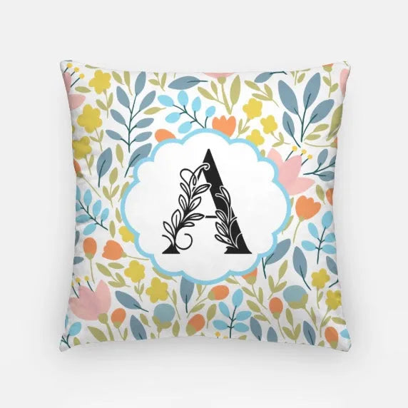 Flat Leaf Floral Monogram Pillow Cover 18" Blue Monogram Pillow Covers