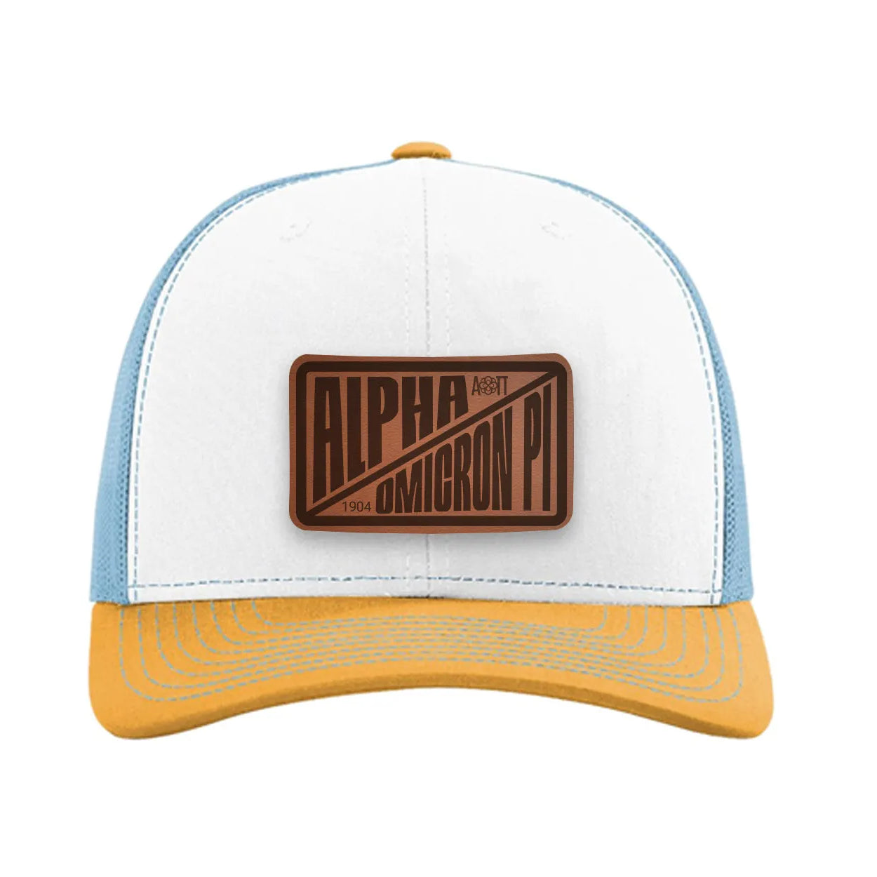Alpha Omicron Pi Richardson 112 Leatherette Patch Trucker Hat - Divide White Blue Yellow Trucker Hat