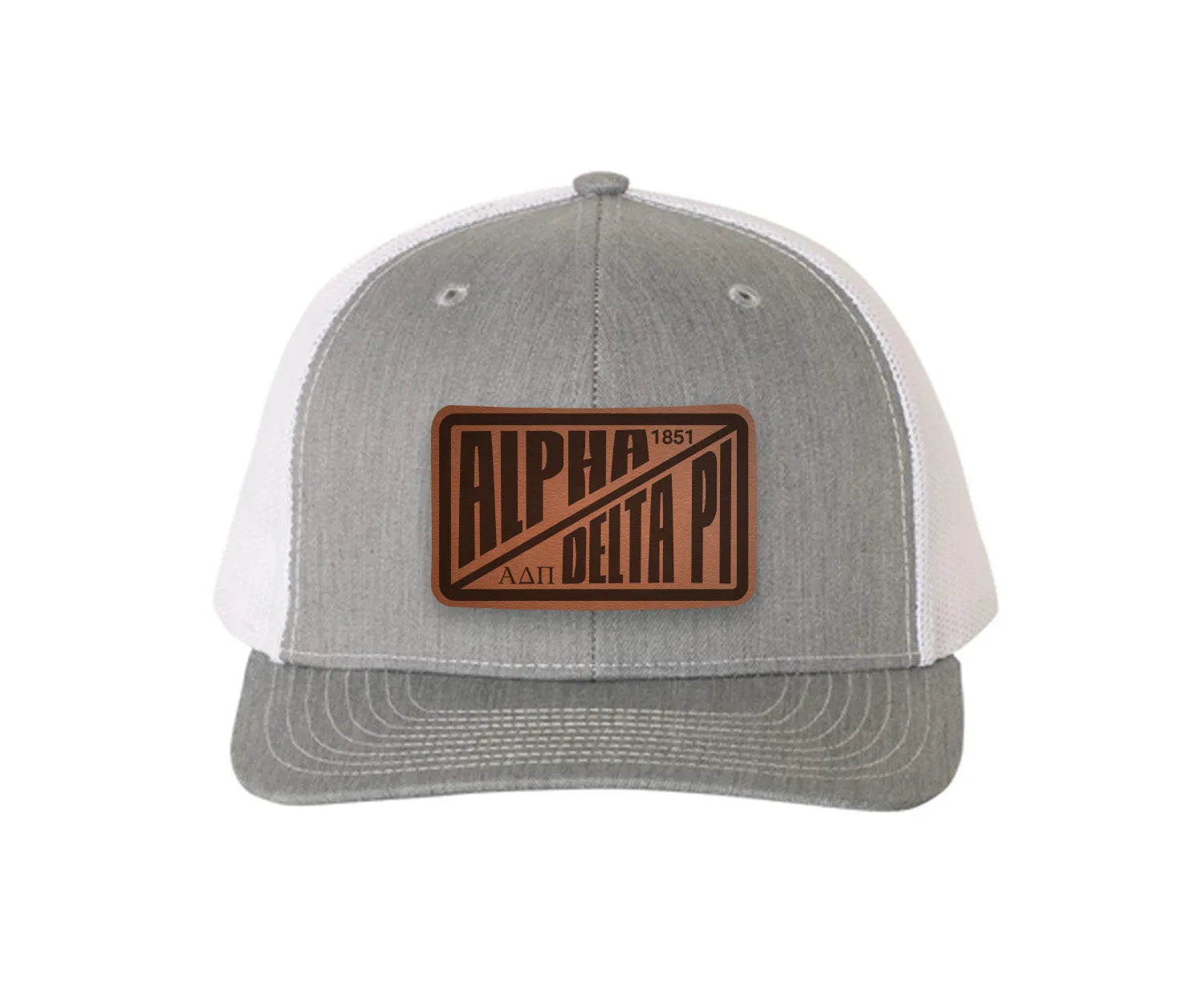 Alpha Delta Pi Richardson 112 Leatherette Patch Trucker Hat - Divide Heather Gray Trucker Hat