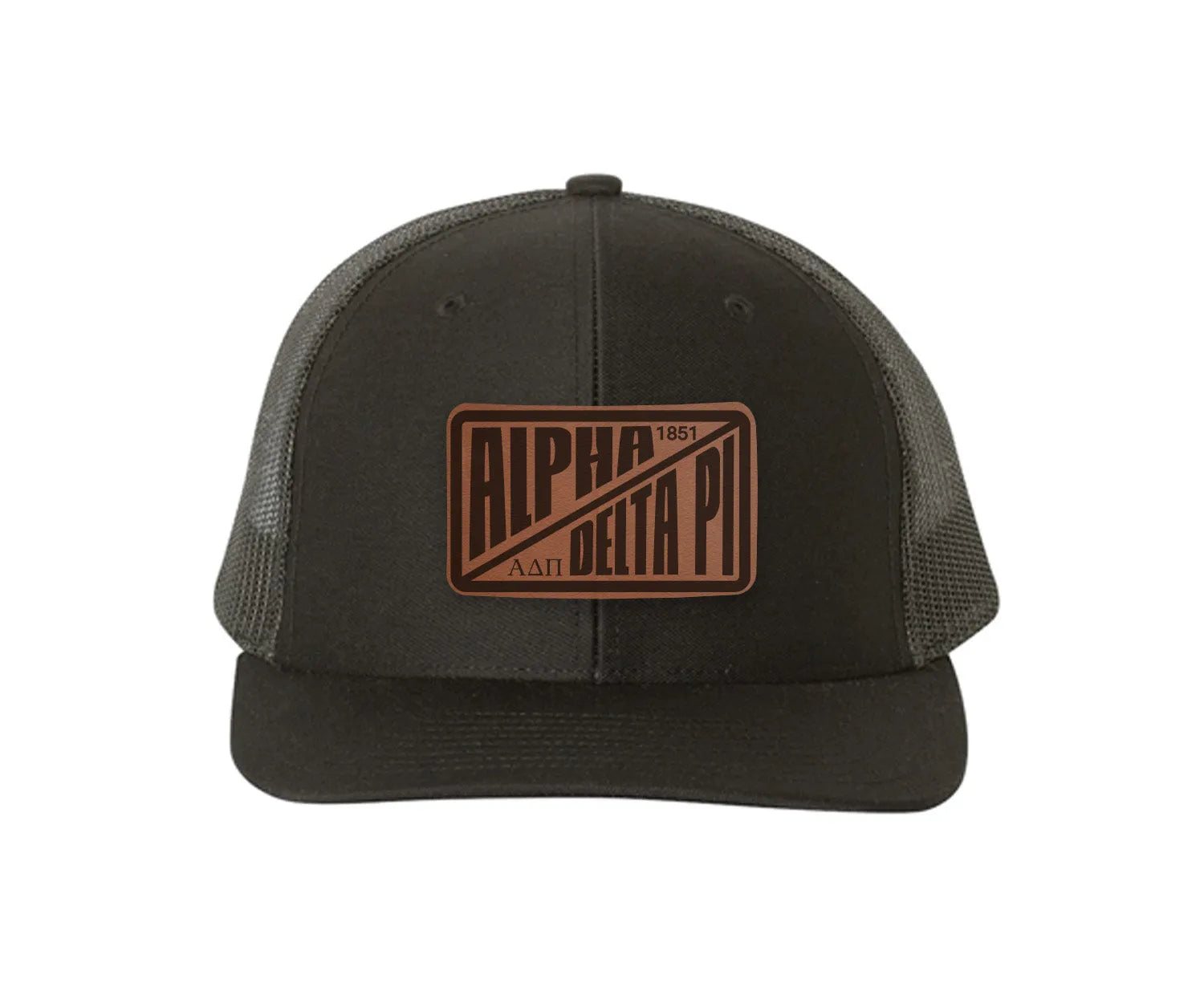 Alpha Delta Pi Richardson 112 Leatherette Patch Trucker Hat - Divide Black Black Trucker Hat