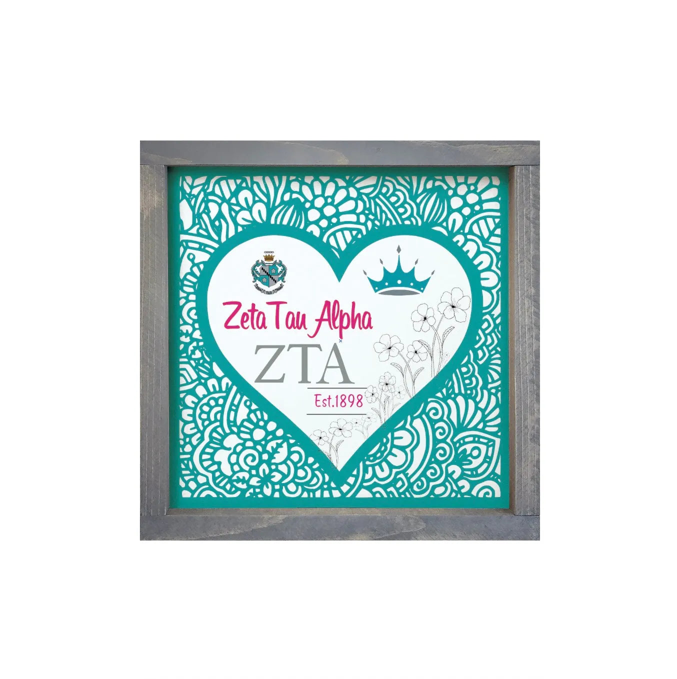 Zeta Tau Alpha 12x12 Wood Framed Sign - Turquoise Mandala Heart Weathered Gray Wall Art & Signs