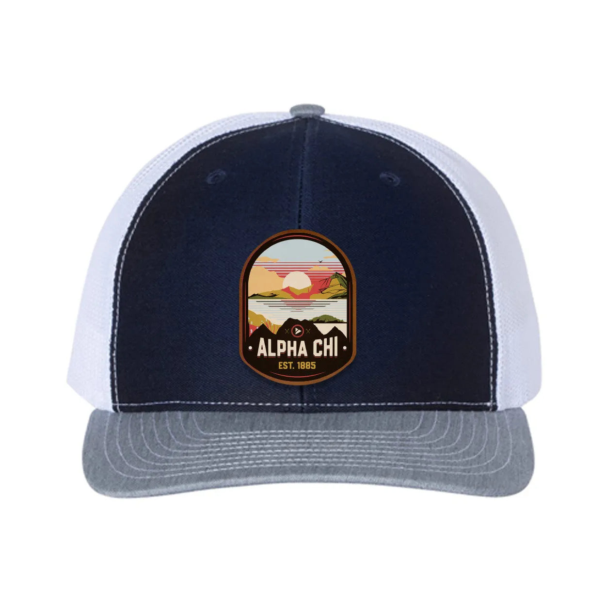 Alpha Chi Omega Richardson 112 UV Print Leatherette Patch Trucker Hat - Ventura Navy White Heather Cray Trucker Hat