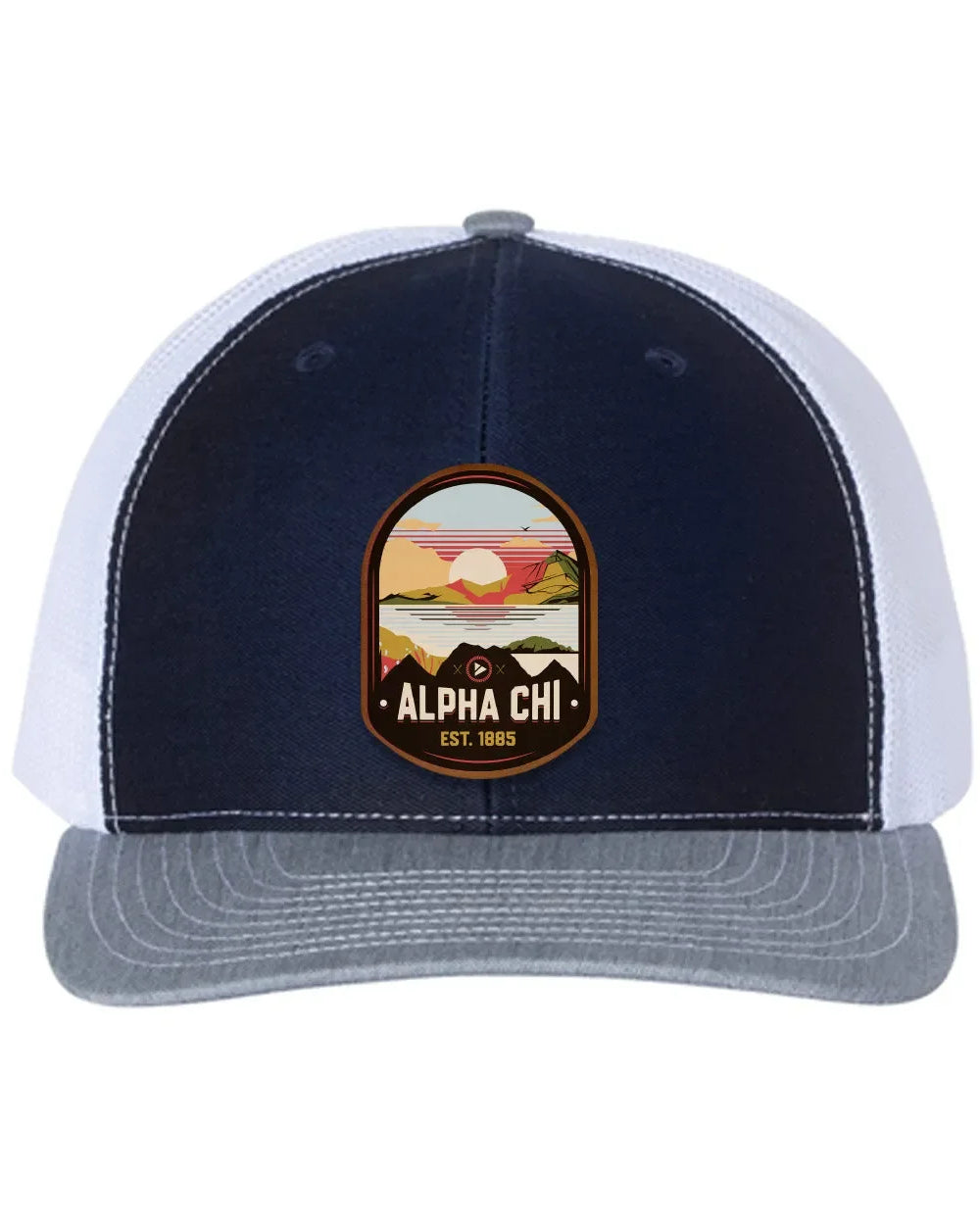 Alpha Chi Omega Richardson 112 UV Print Leatherette Patch Trucker Hat - Ventura Navy White Heather Cray Trucker Hat