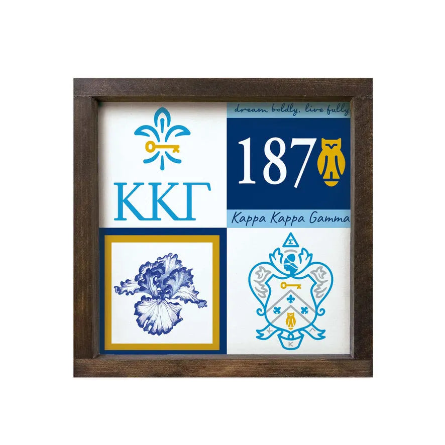 Kappa Kappa Gamma 12x12 Wood Framed Sign - Color Block Walnut Stain Wall Art & Signs