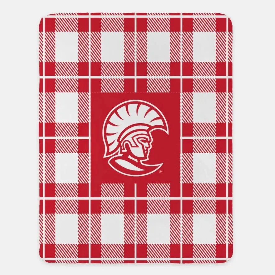 University of Tampa XL 60x80 Sherpa Blanket - Spartan Plaid Red Throw Blankets