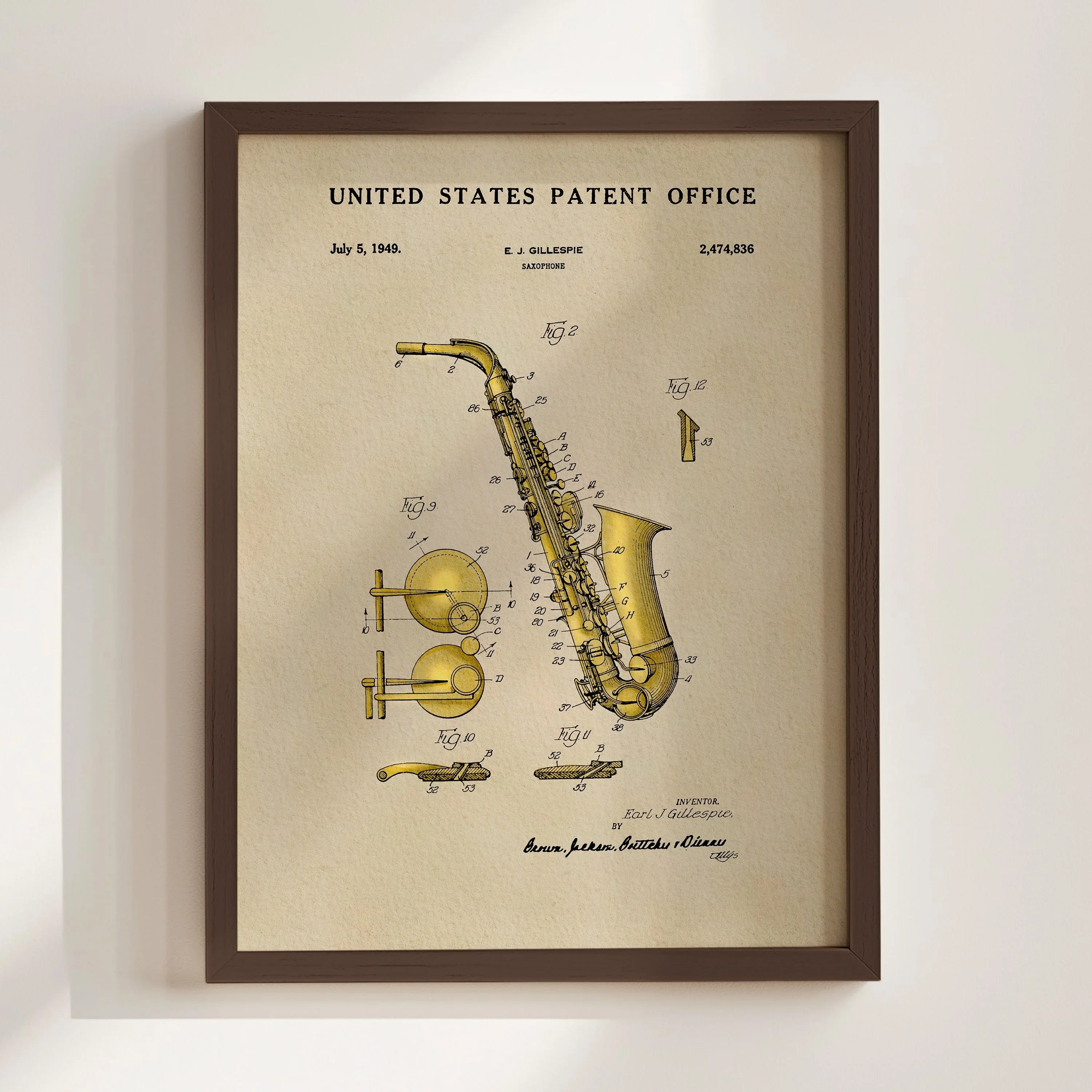 Saxophone US Patent Art Print | Music Themed Dorm Decor