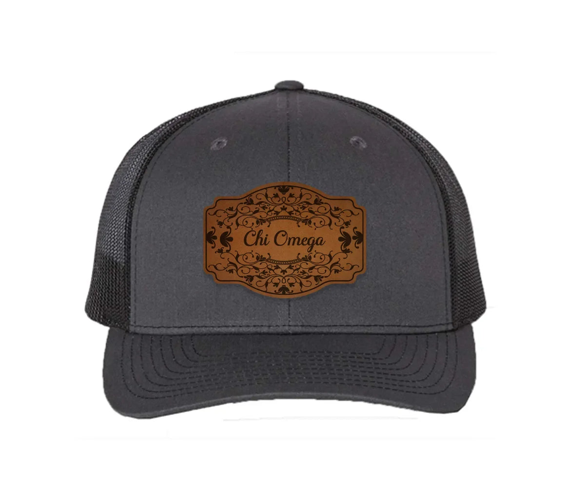 Chi Omega Richardson 112 Leatherette Patch Trucker Hat - Scroll Charcoal Black Trucker Hat