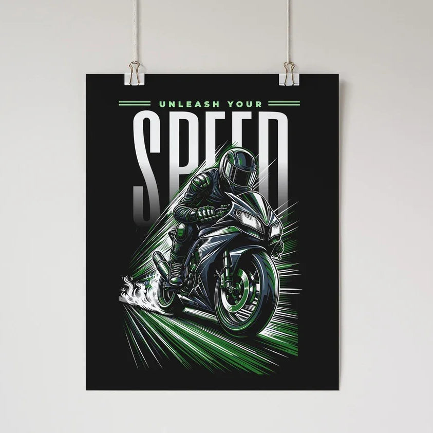 Unleash Your Speed - Motorcycle Wall Poster Green Wall Art & Signs