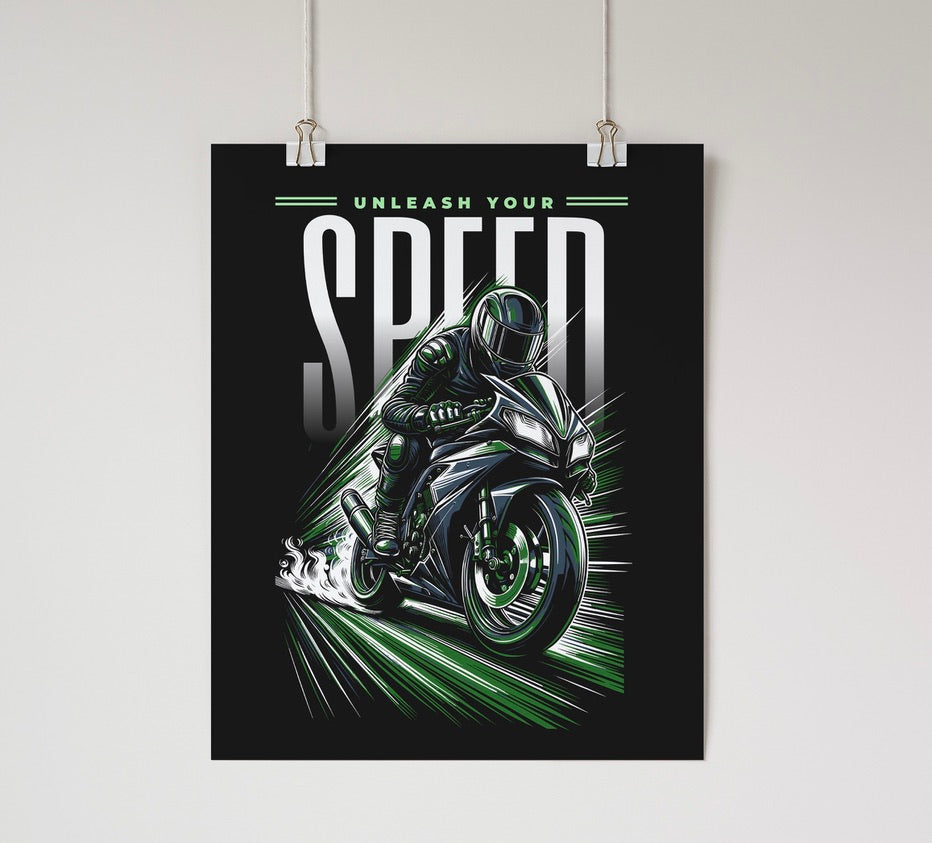 Unleash Your Speed - Motorcycle Wall Poster Green Wall Art & Signs