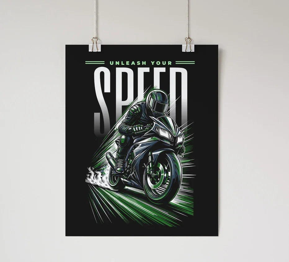 Unleash Your Speed - Motorcycle Wall Poster Green Wall Art & Signs