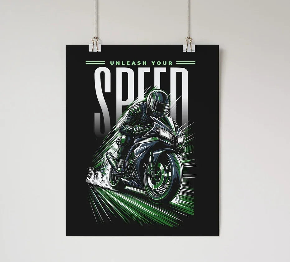 Unleash Your Speed - Motorcycle Wall Poster Green Wall Art & Signs