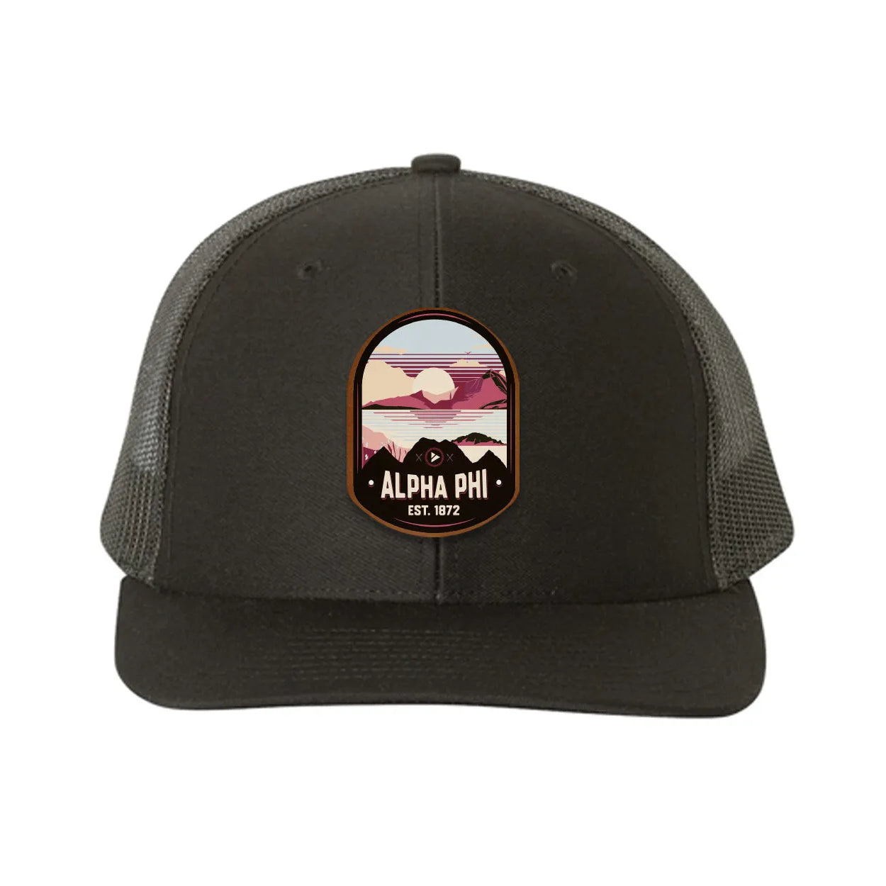 Alpha Phi Richardson 112 UV Print Leatherette Patch Trucker Hat - Ventura Black Black Trucker Hat
