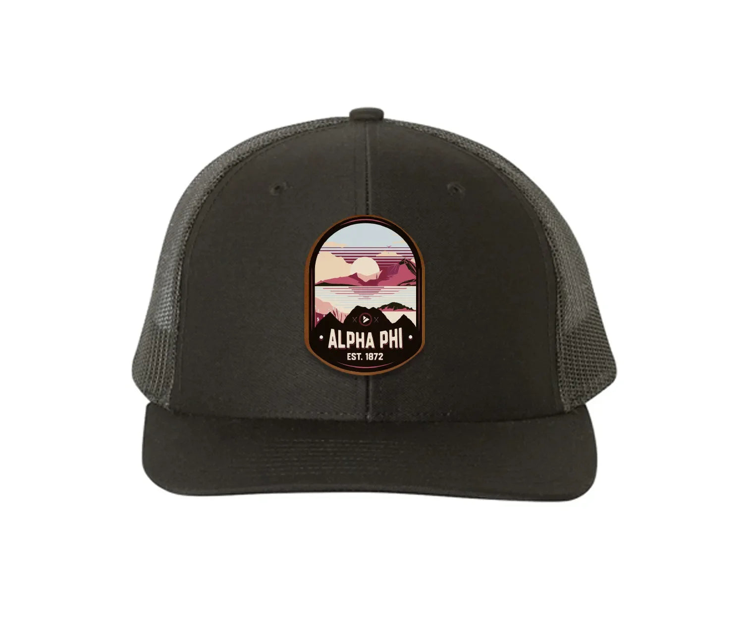 Alpha Phi Richardson 112 UV Print Leatherette Patch Trucker Hat - Ventura Black Black Trucker Hat