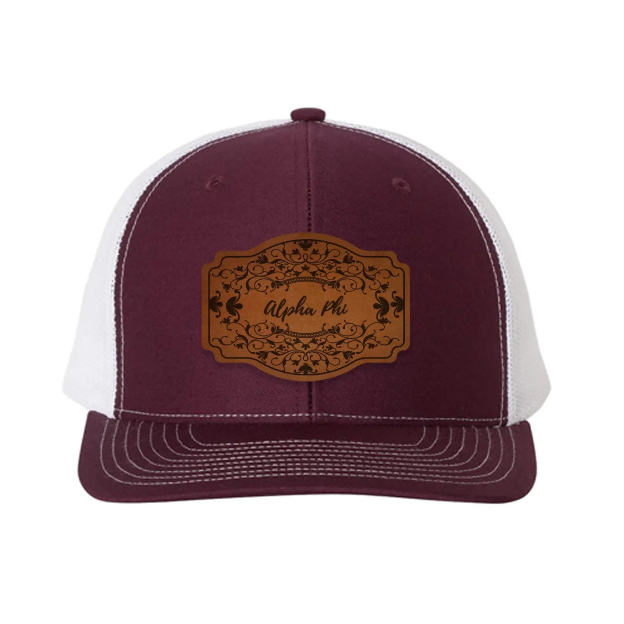 Alpha Phi Richardson 112 Leatherette Patch Trucker Hat - Scroll Maroon White Trucker Hat