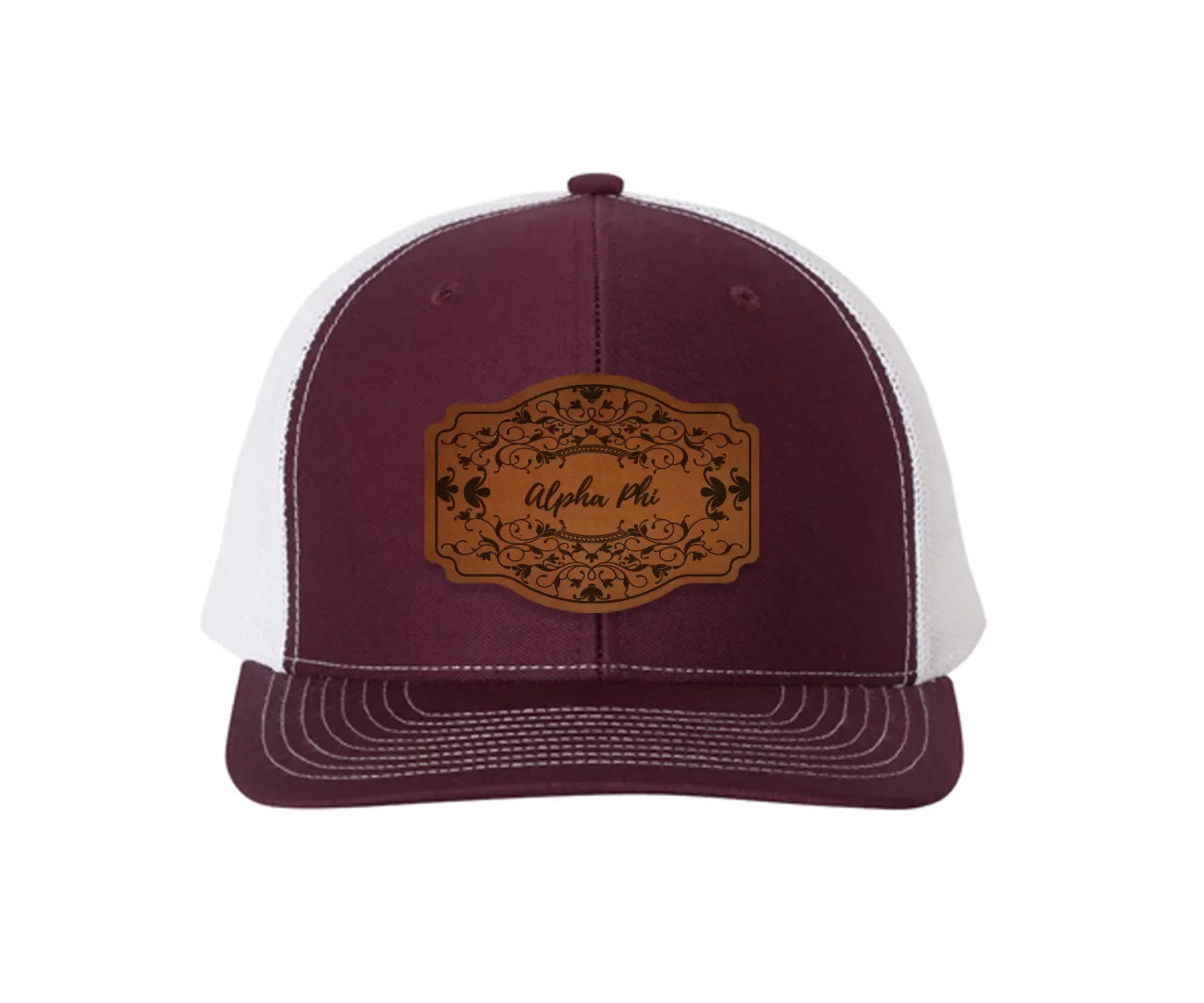 Alpha Phi Richardson 112 Leatherette Patch Trucker Hat - Scroll Maroon White Trucker Hat