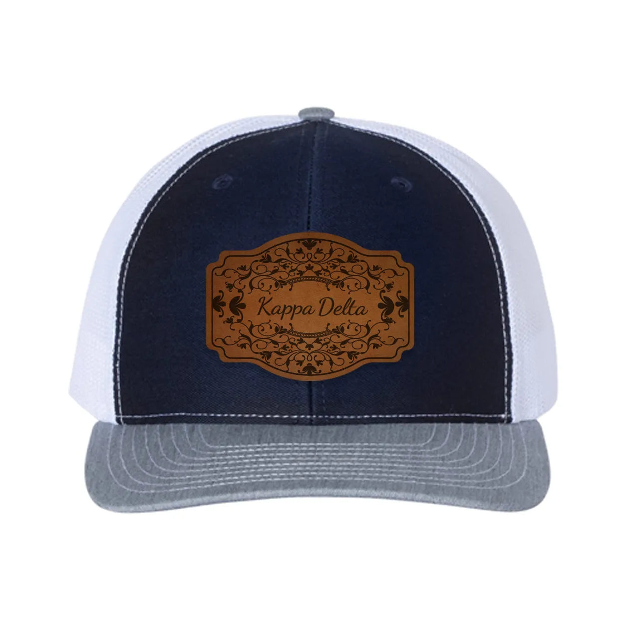 Kappa Delta Richardson 112 Leatherette Patch Trucker Hat - Scroll Navy White Heather Gray Trucker Hat
