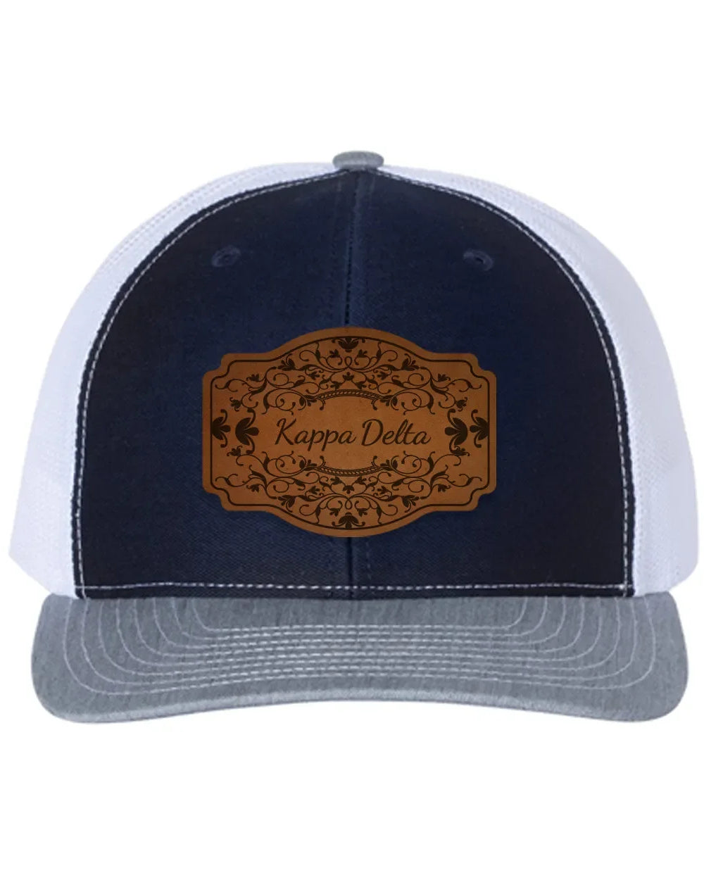 Kappa Delta Richardson 112 Leatherette Patch Trucker Hat - Scroll Navy White Heather Gray Trucker Hat