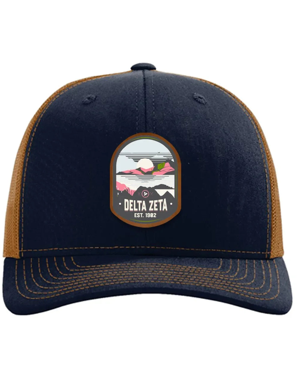 Delta Zeta Richardson 112 UV Print Leatherette Patch Trucker Hat - Ventura Navy Caramel Trucker Hat
