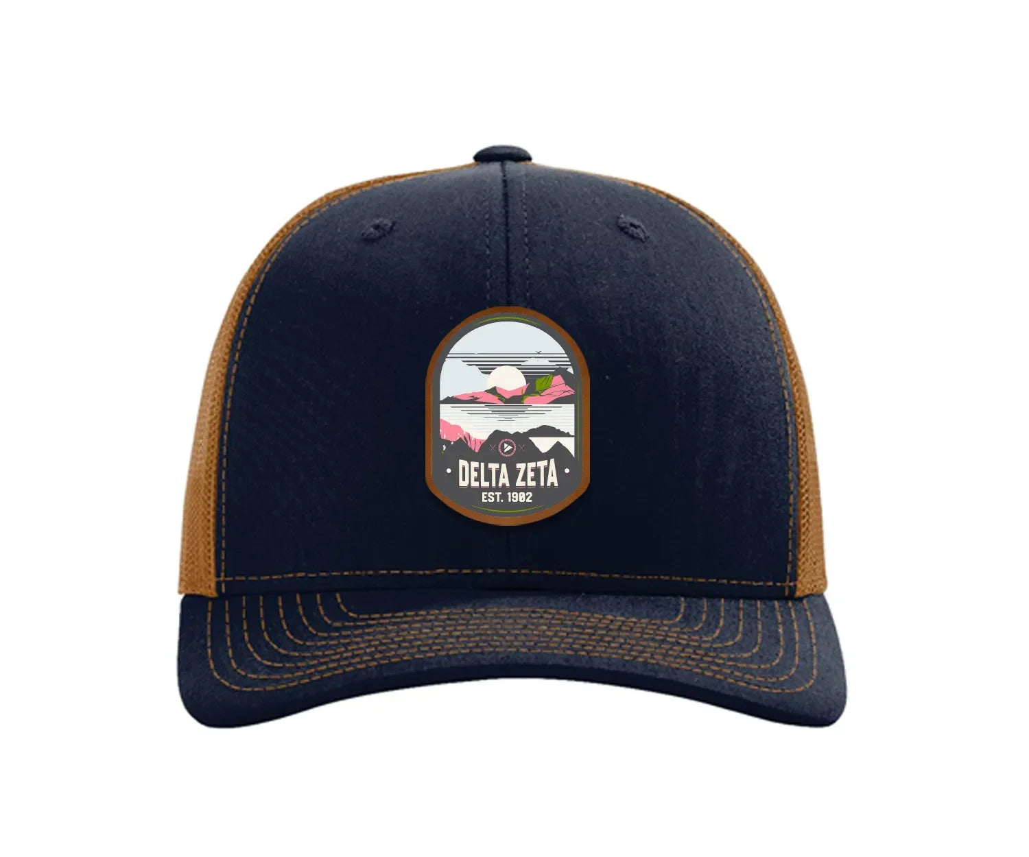 Delta Zeta Richardson 112 UV Print Leatherette Patch Trucker Hat - Ventura Navy Caramel Trucker Hat
