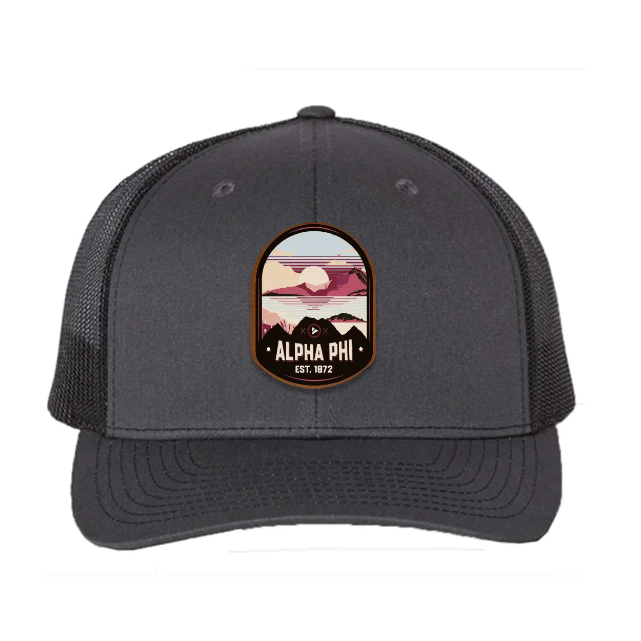 Alpha Phi Richardson 112 UV Print Leatherette Patch Trucker Hat - Ventura Charcoal Black Trucker Hat
