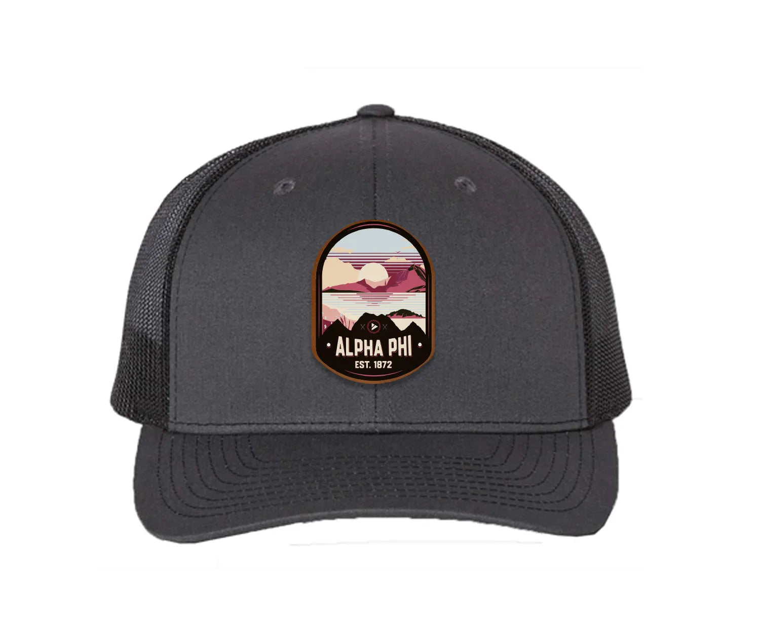 Alpha Phi Richardson 112 UV Print Leatherette Patch Trucker Hat - Ventura Charcoal Black Trucker Hat