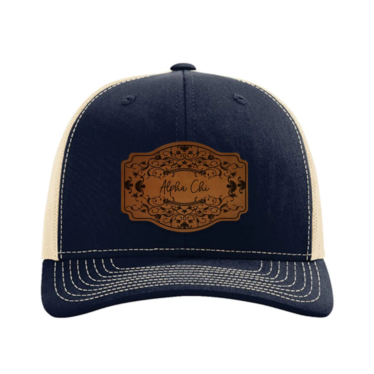 Alpha Chi Omega Richardson 112 Leatherette Patch Trucker Hat - Scroll Navy Khaki Trucker Hat