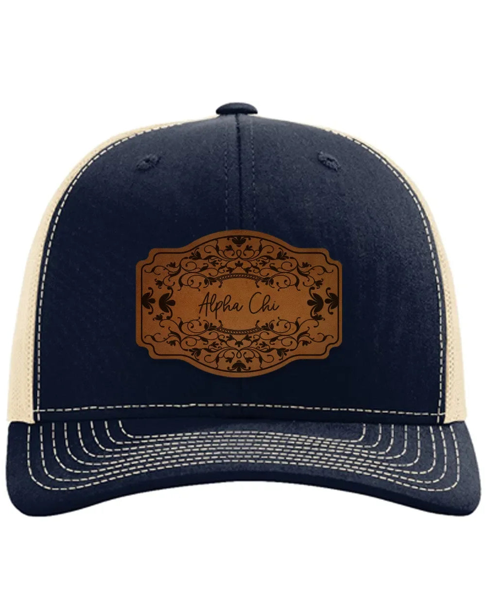 Alpha Chi Omega Richardson 112 Leatherette Patch Trucker Hat - Scroll Navy Khaki Trucker Hat
