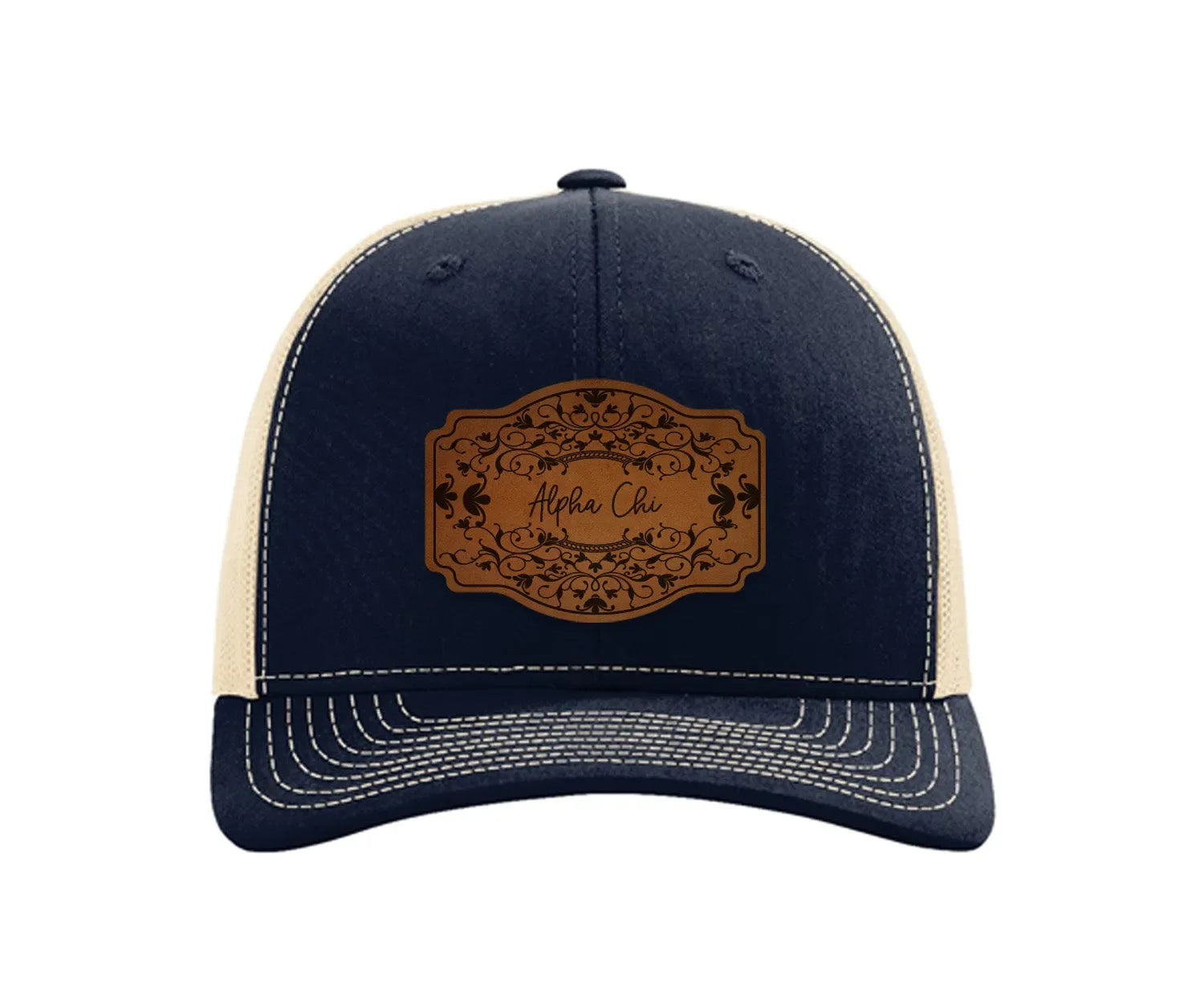 Alpha Chi Omega Richardson 112 Leatherette Patch Trucker Hat - Scroll Navy Khaki Trucker Hat