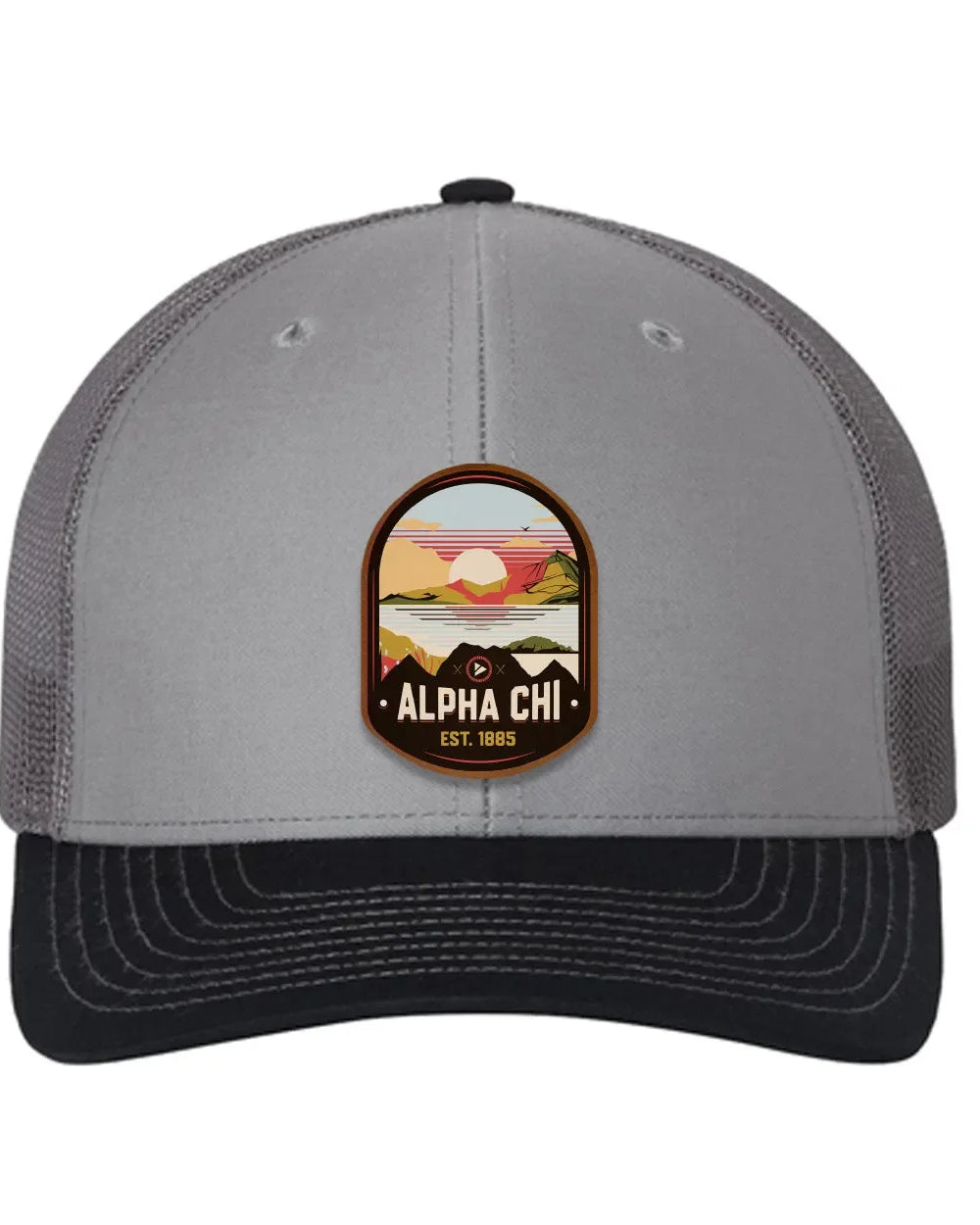 Alpha Chi Omega Richardson 112 UV Print Leatherette Patch Trucker Hat - Ventura Gray Charcoal Navy Trucker Hat