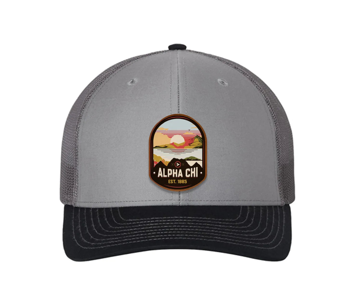 Alpha Chi Omega Richardson 112 UV Print Leatherette Patch Trucker Hat - Ventura Gray Charcoal Navy Trucker Hat