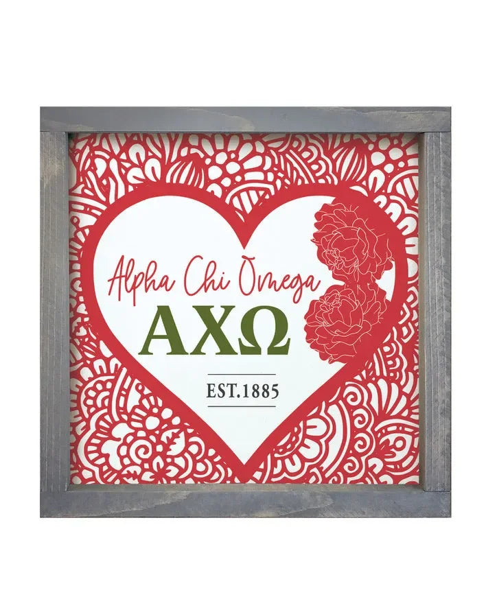 Alpha Chi Omega 12x12 Wood Framed Sign -Mandala Heart Weathered Gray Wall Art & Signs
