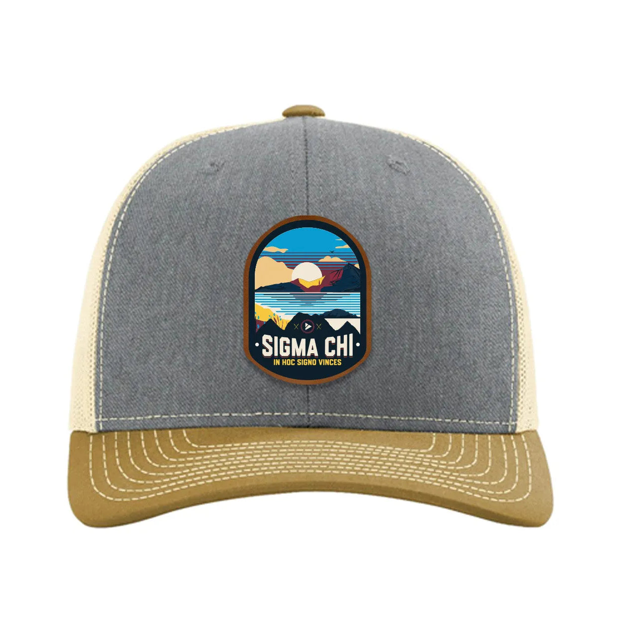 Sigma Chi Richardson 112 UV Print Leatherette Patch Trucker Hat - Ventura Heather Gray Birch Amber Gold Trucker Hat