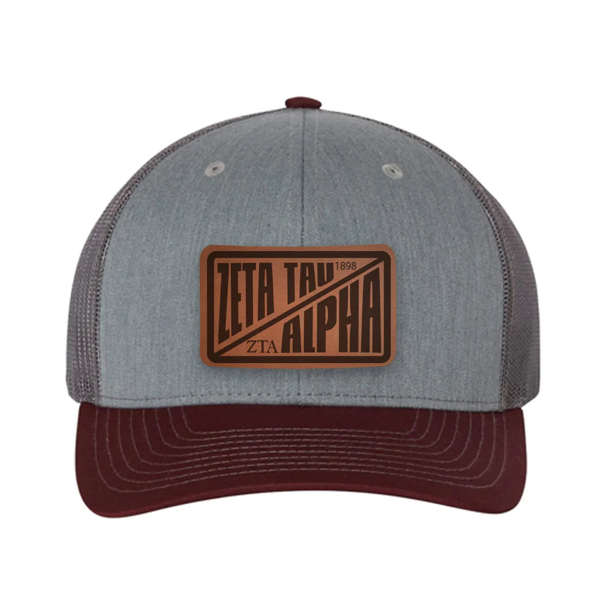 Zeta Tau Alpha Richardson 112 Leatherette Patch Trucker Hat - Divide Heather Gray Charcoal Maroon Trucker Hat