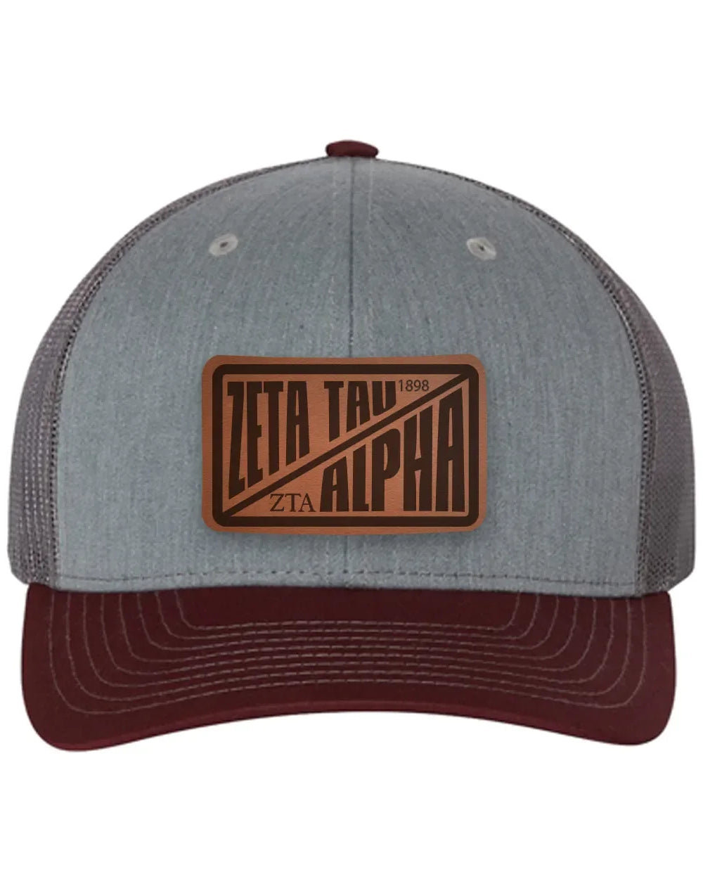 Zeta Tau Alpha Richardson 112 Leatherette Patch Trucker Hat - Divide Heather Gray Charcoal Maroon Trucker Hat