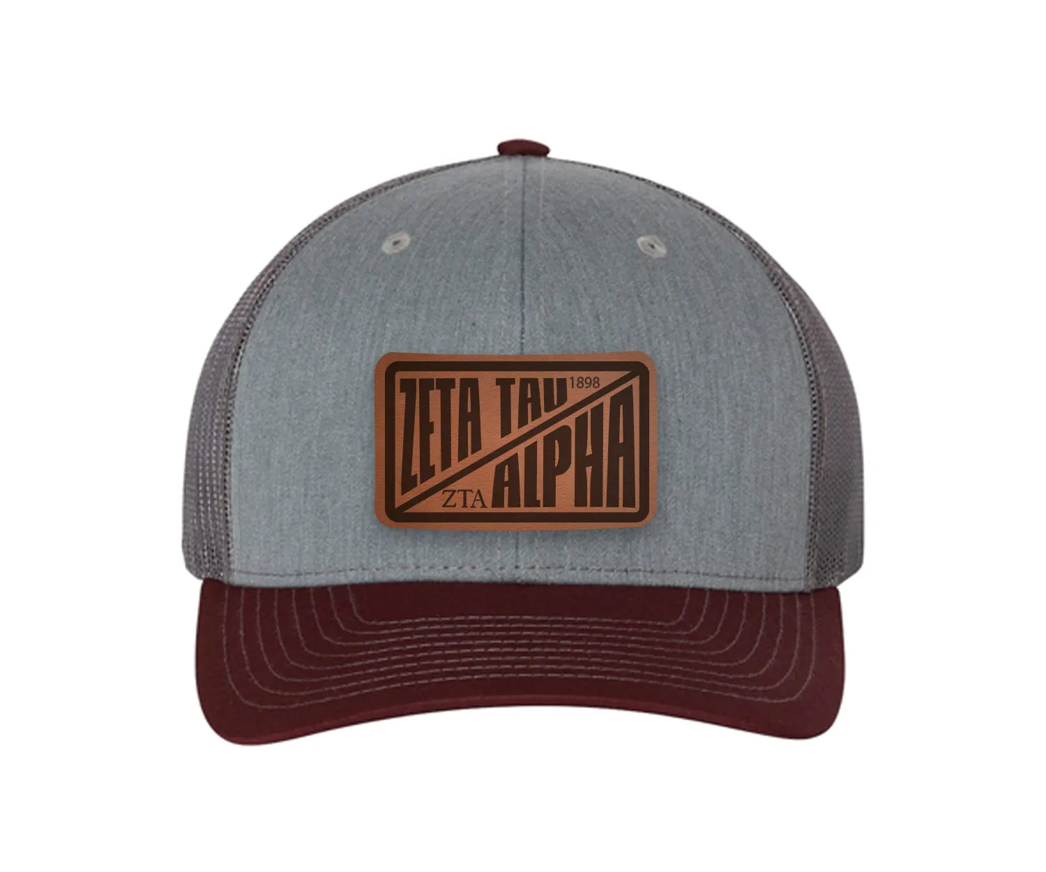 Zeta Tau Alpha Richardson 112 Leatherette Patch Trucker Hat - Divide Heather Gray Charcoal Maroon Trucker Hat