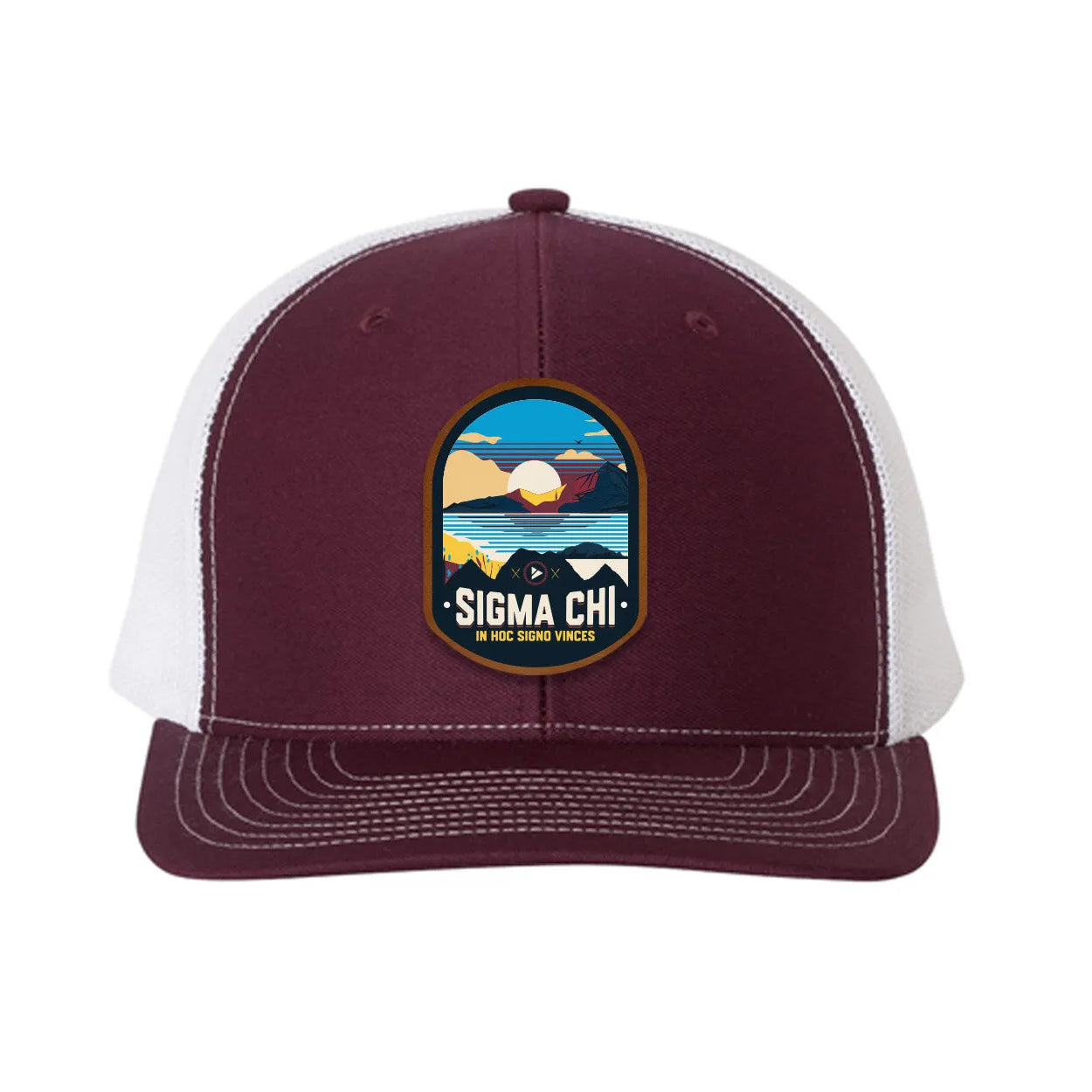 Sigma Chi Richardson 112 UV Print Leatherette Patch Trucker Hat - Ventura Maroon White Trucker Hat