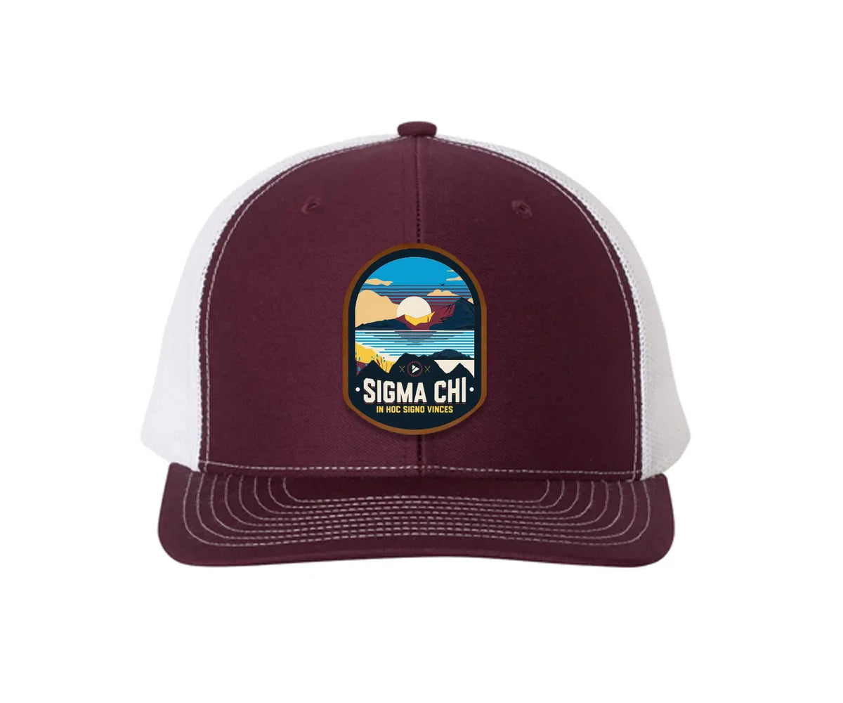 Sigma Chi Richardson 112 UV Print Leatherette Patch Trucker Hat - Ventura Maroon White Trucker Hat