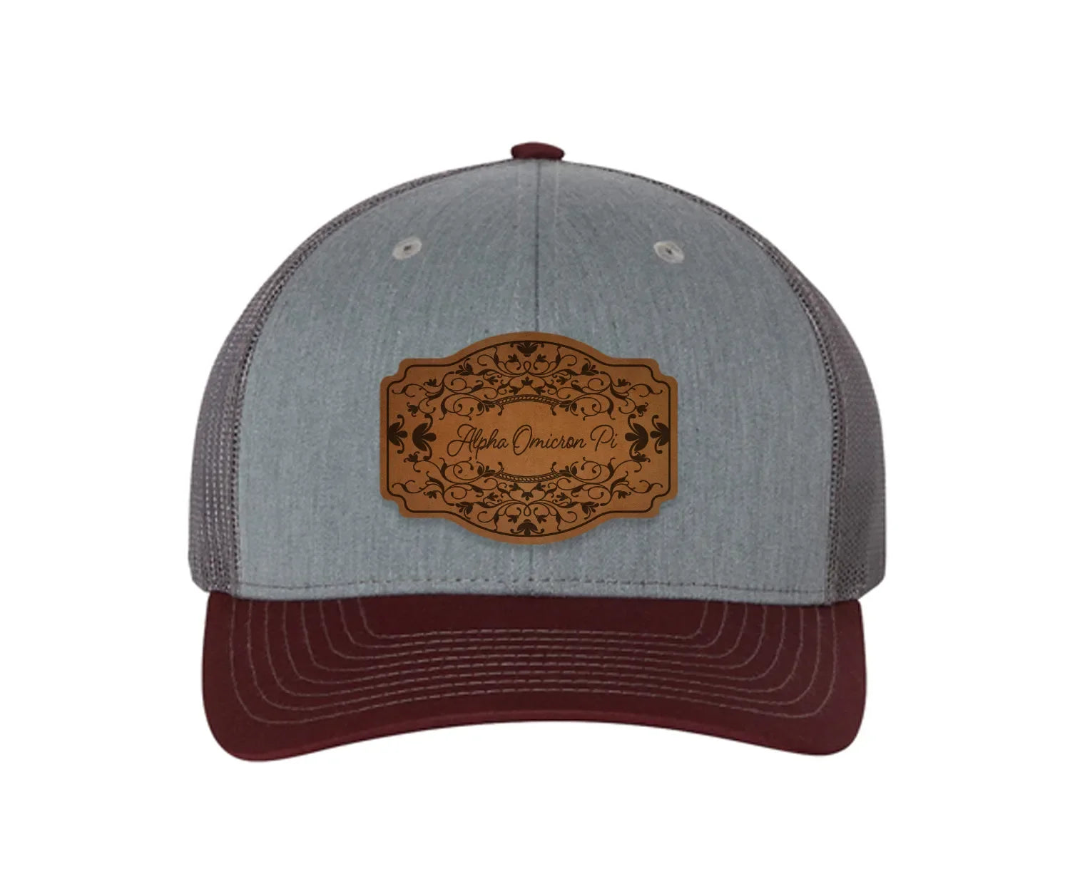 Alpha Omicron Pi Richardson 112 Leatherette Patch Trucker Hat - Scroll Heather Gray Charcoal Maroon Trucker Hat