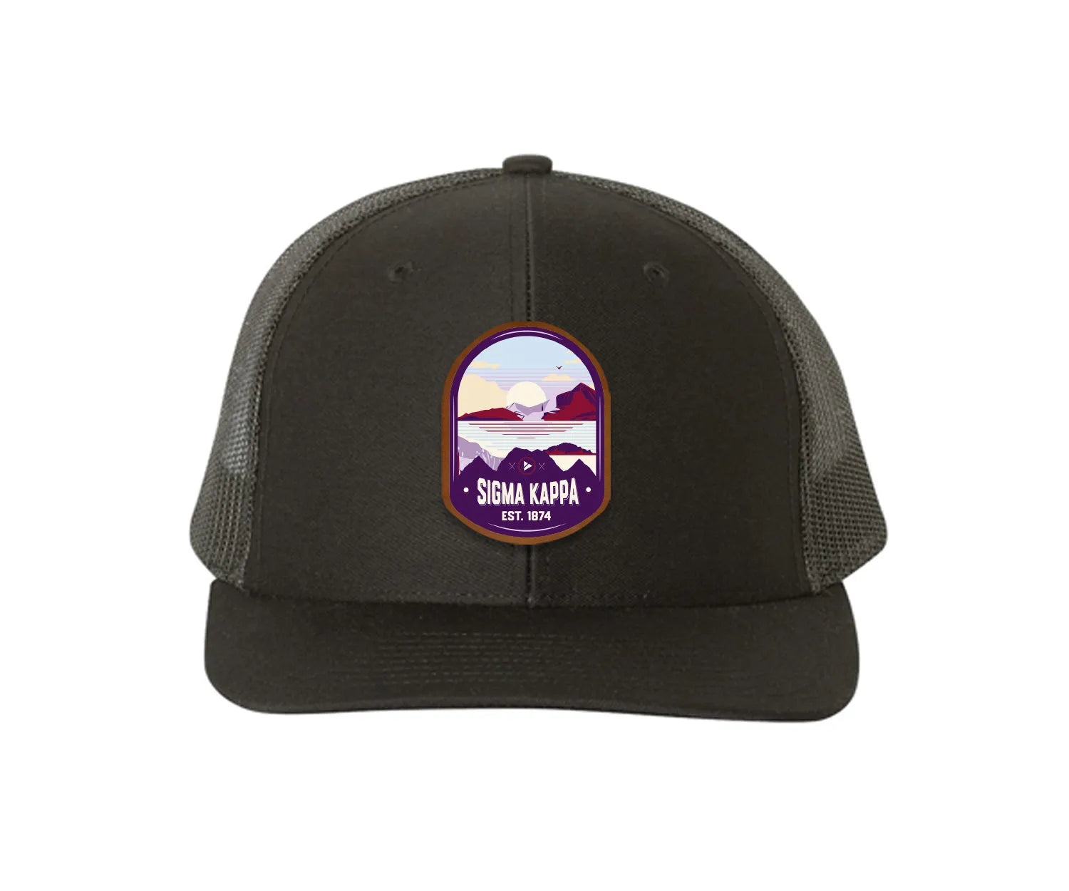 Sigma Kappa Richardson 112 UV Print Leatherette Patch Trucker Hat - Ventura Black Black Trucker Hat