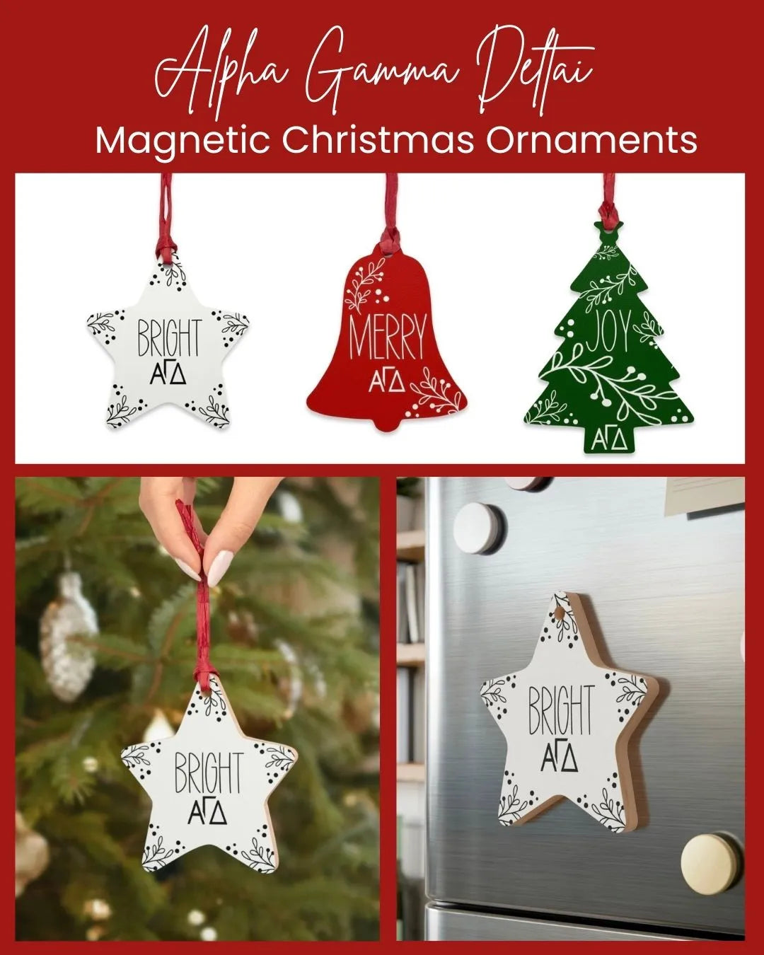 Alpha Gamma Delta Wood Christmas Ornaments / Magnets (Set of 3) Holiday Ornaments