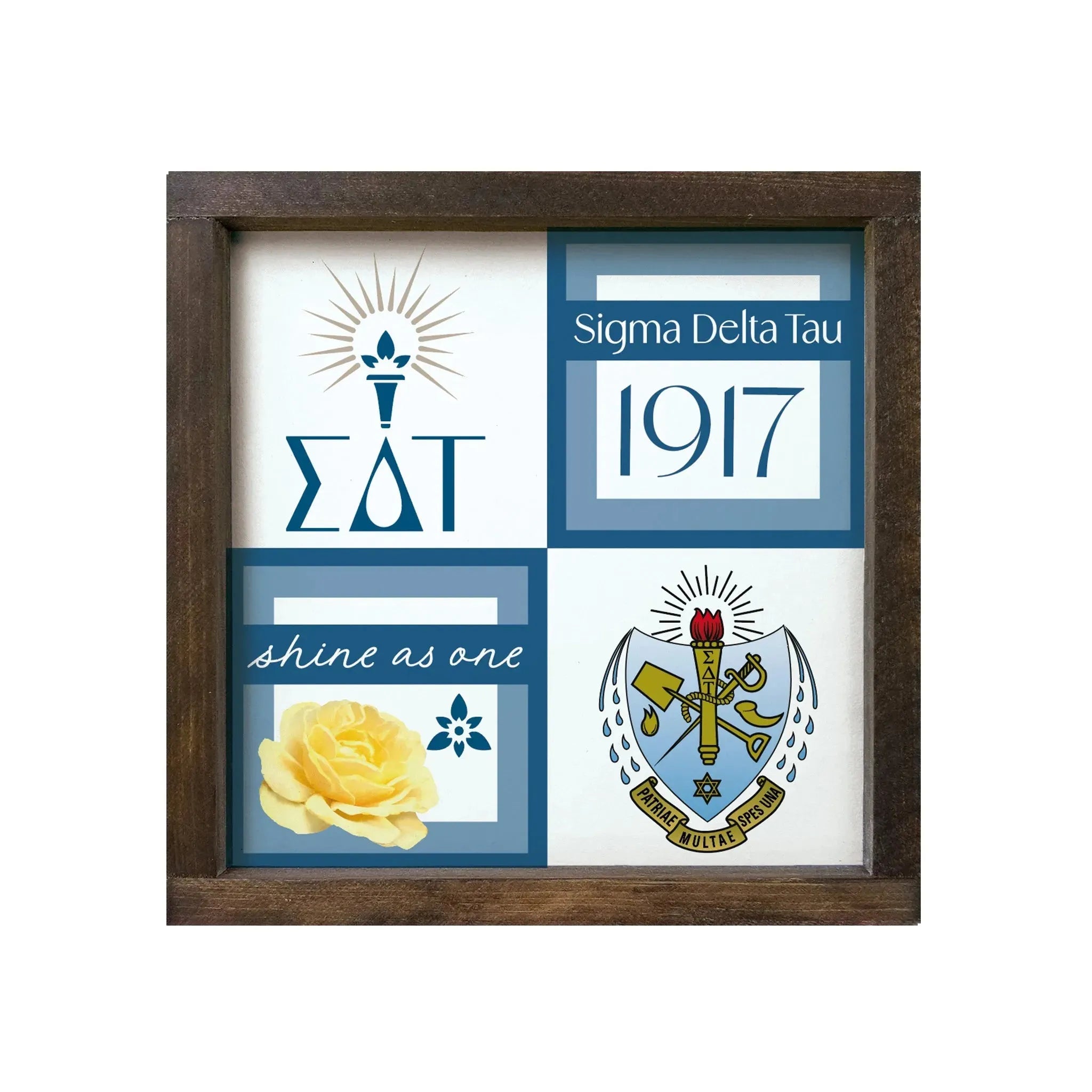 Sigma Delta Tau 12x12 Wood Framed Sign - Classic Color Block Walnut Stain Wall Art & Signs