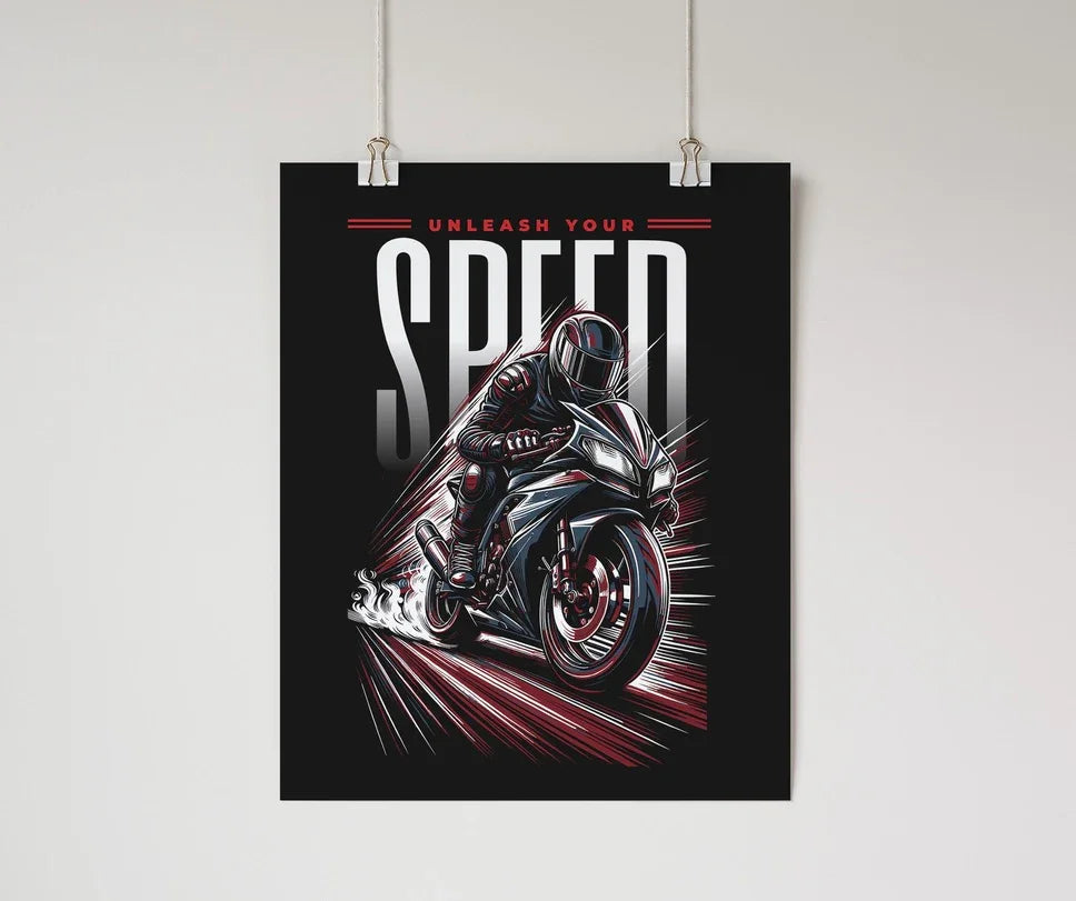 Unleash Your Speed - Motorcycle Wall Poster Red Wall Art & Signs