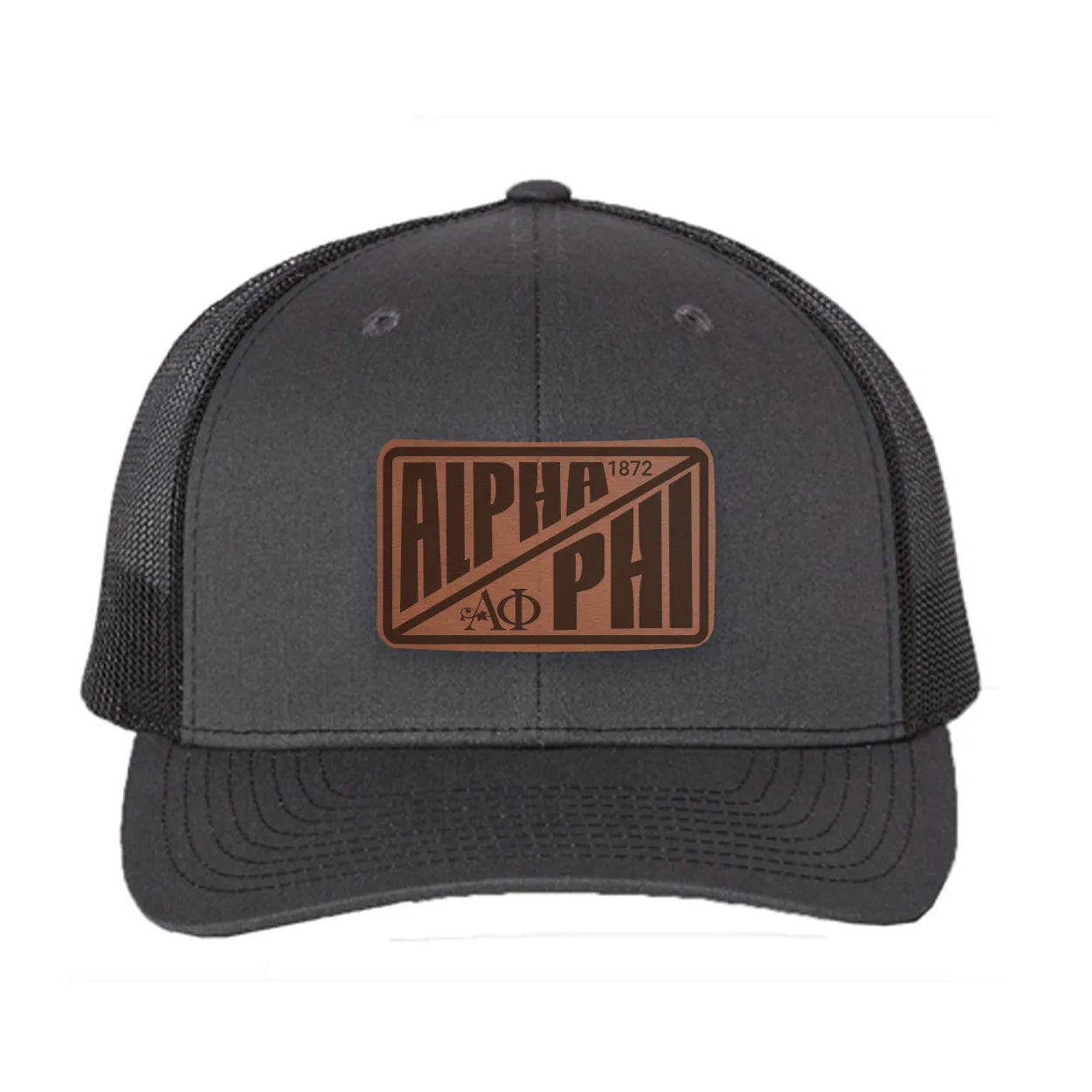Alpha Phi Richardson 112 Leatherette Patch Trucker Hat - Divide Charcoal Black Trucker Hat