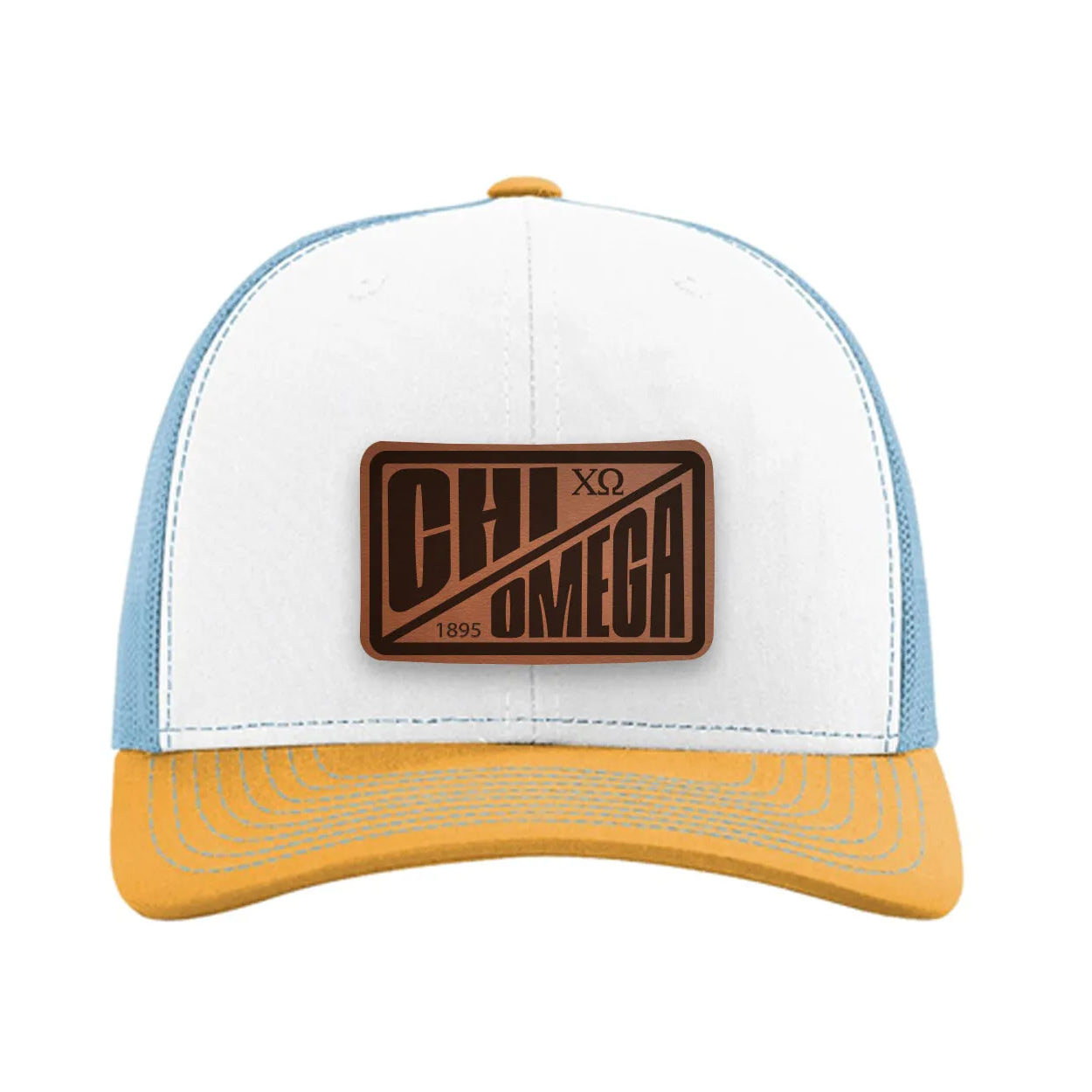 Chi Omega Richardson 112 Leatherette Patch Trucker Hat - Divide White Blue Yellow Trucker Hat