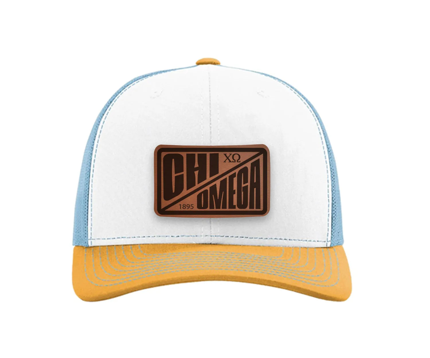 Chi Omega Richardson 112 Leatherette Patch Trucker Hat - Divide White Blue Yellow Trucker Hat