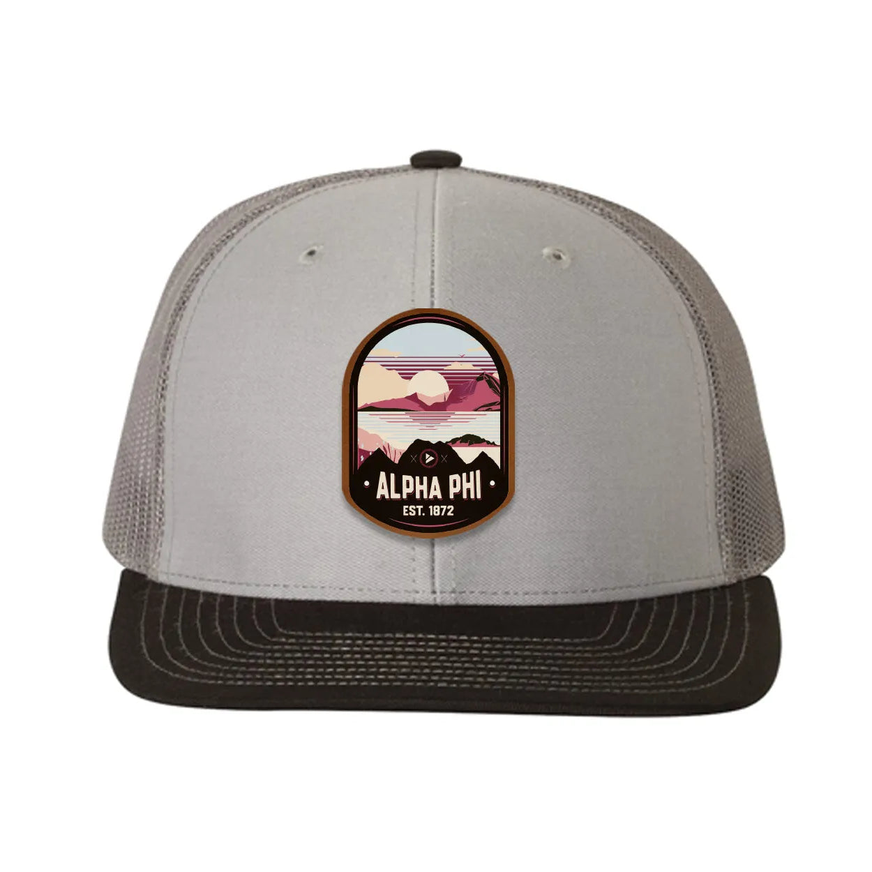 Alpha Phi Richardson 112 UV Print Leatherette Patch Trucker Hat - Ventura Gray Charcoal Black Trucker Hat