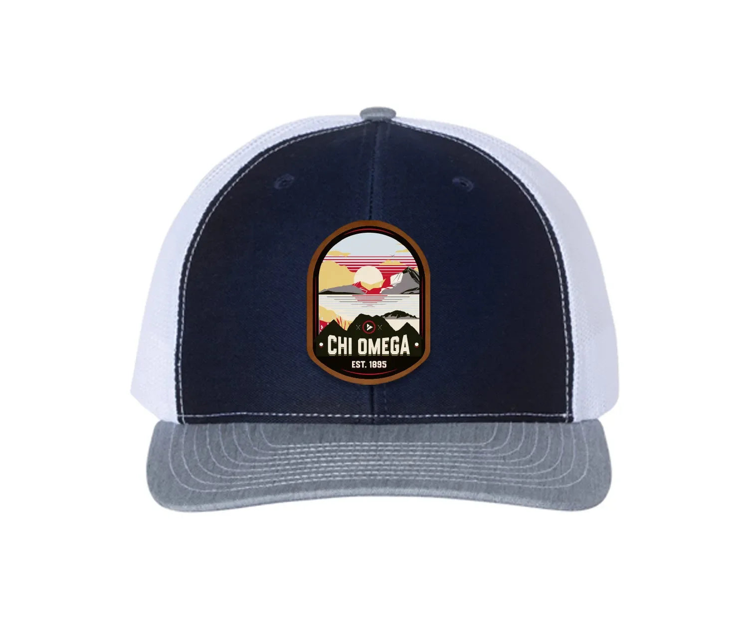Chi Omega Richardson 112 UV Print Leatherette Patch Trucker Hat - Ventura Navy White Heather Gray Trucker Hat