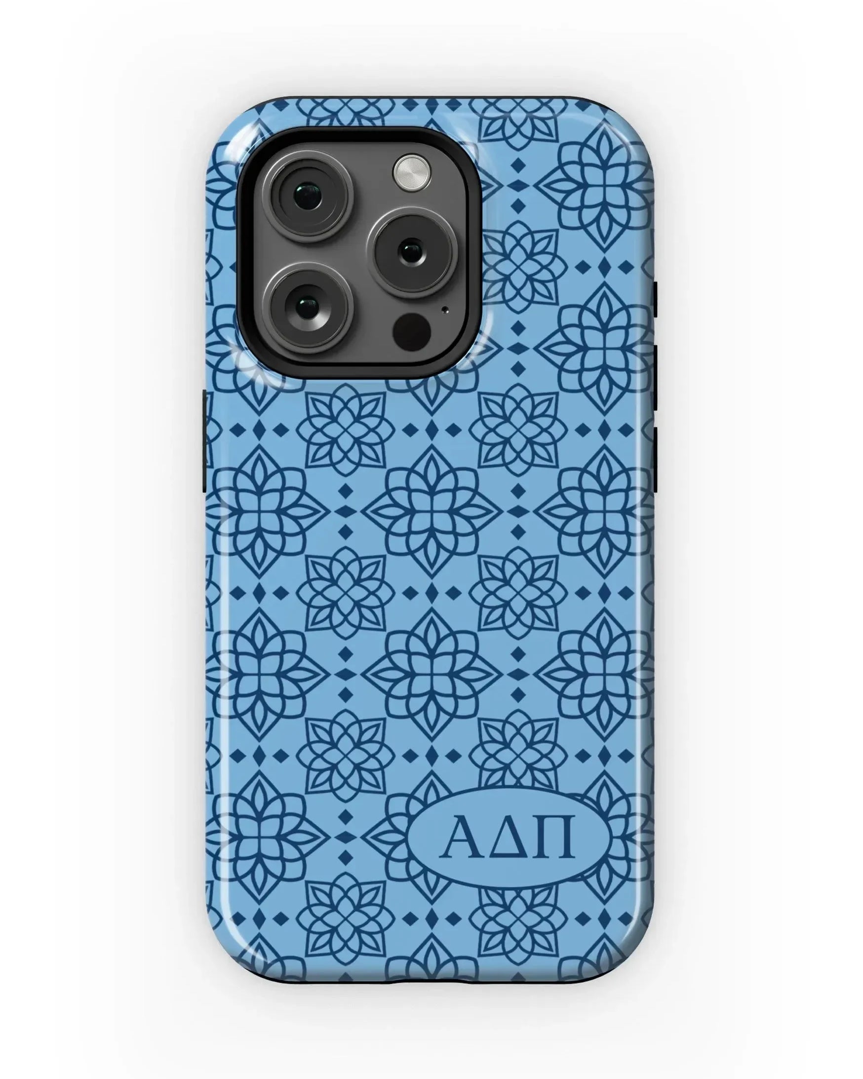 Alpha Delta Pi iPhone 16, 15, 14 Mobile Phone Case - Adelphean Blue Ornate Gloss Mobile Phone Cases