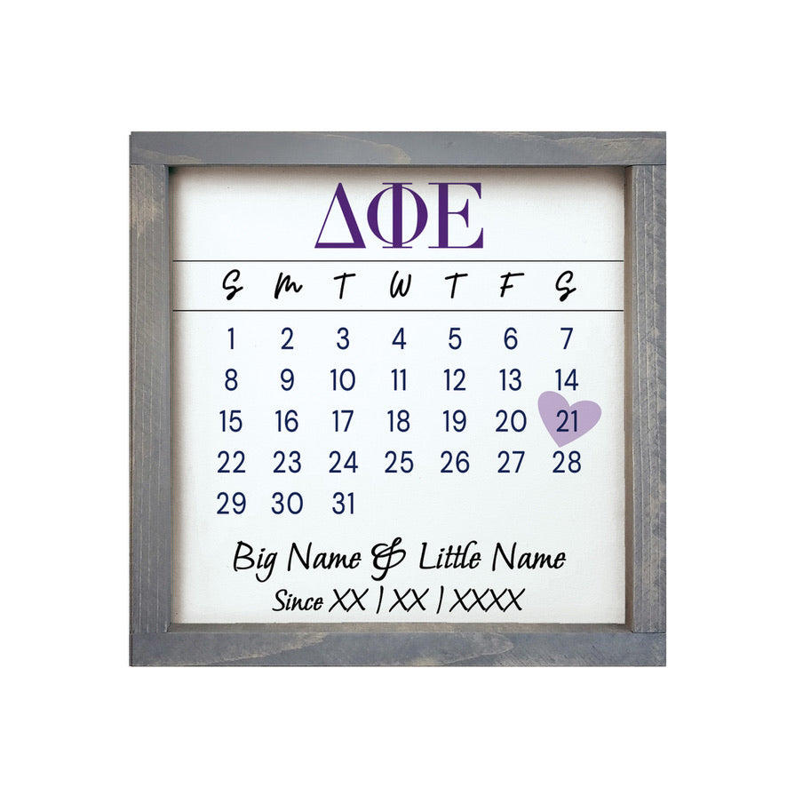 Delta Phi Epsilon Personalized Big Little Calendar Framed Sign - 12x12